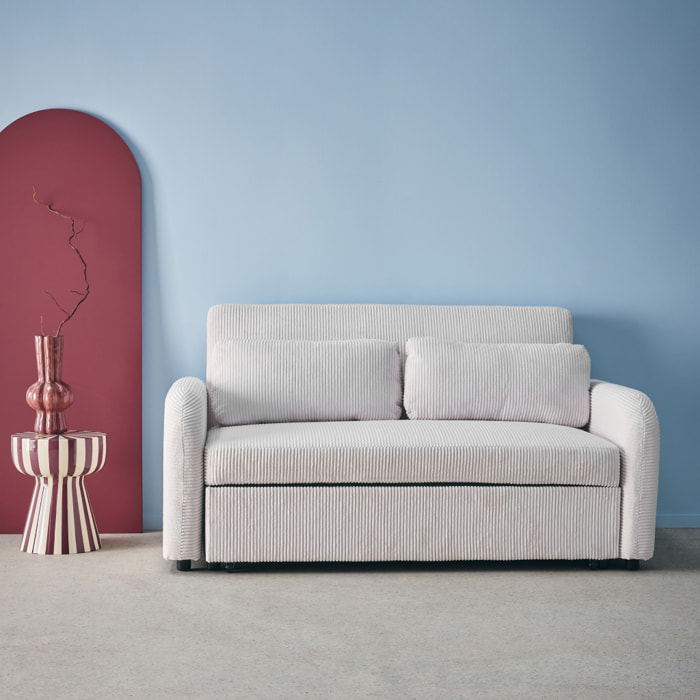 Canapé convertible arrondi 2 places velours côtelé blanc L 168 x P 90 x H 88cm - Lino