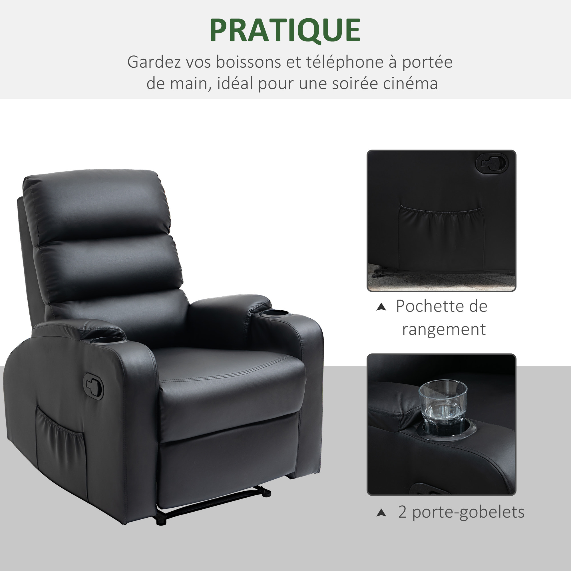 Fauteuil de relaxation inclinable avec repose-pied ajustable revêtement synthétique noir