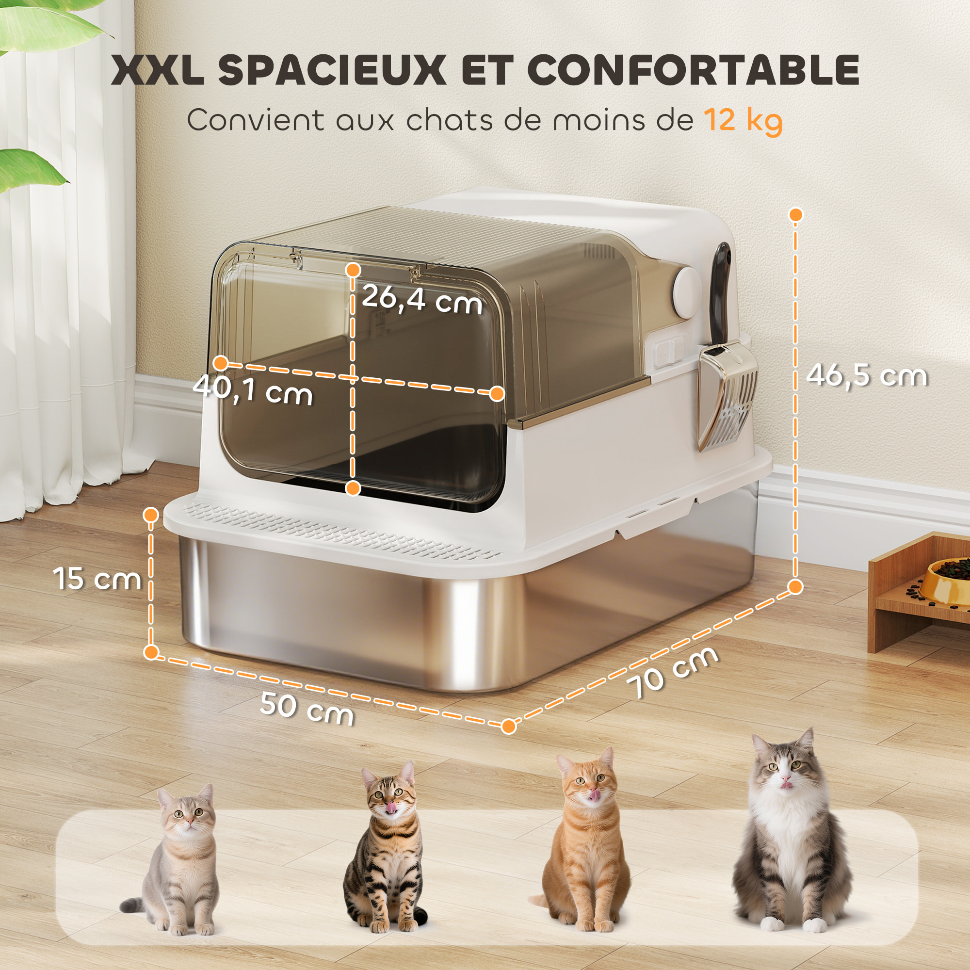 Maison de toilette bac à litière fermé acier inox - pelle, couvercle ouvrant, désodorisant - blanc fumé