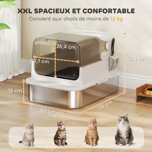 Maison de toilette bac à litière fermé acier inox - pelle, couvercle ouvrant, désodorisant - blanc fumé
