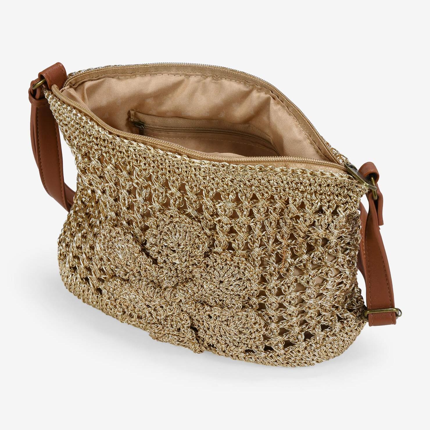 Bolso bandolera dorado en rafia con flor