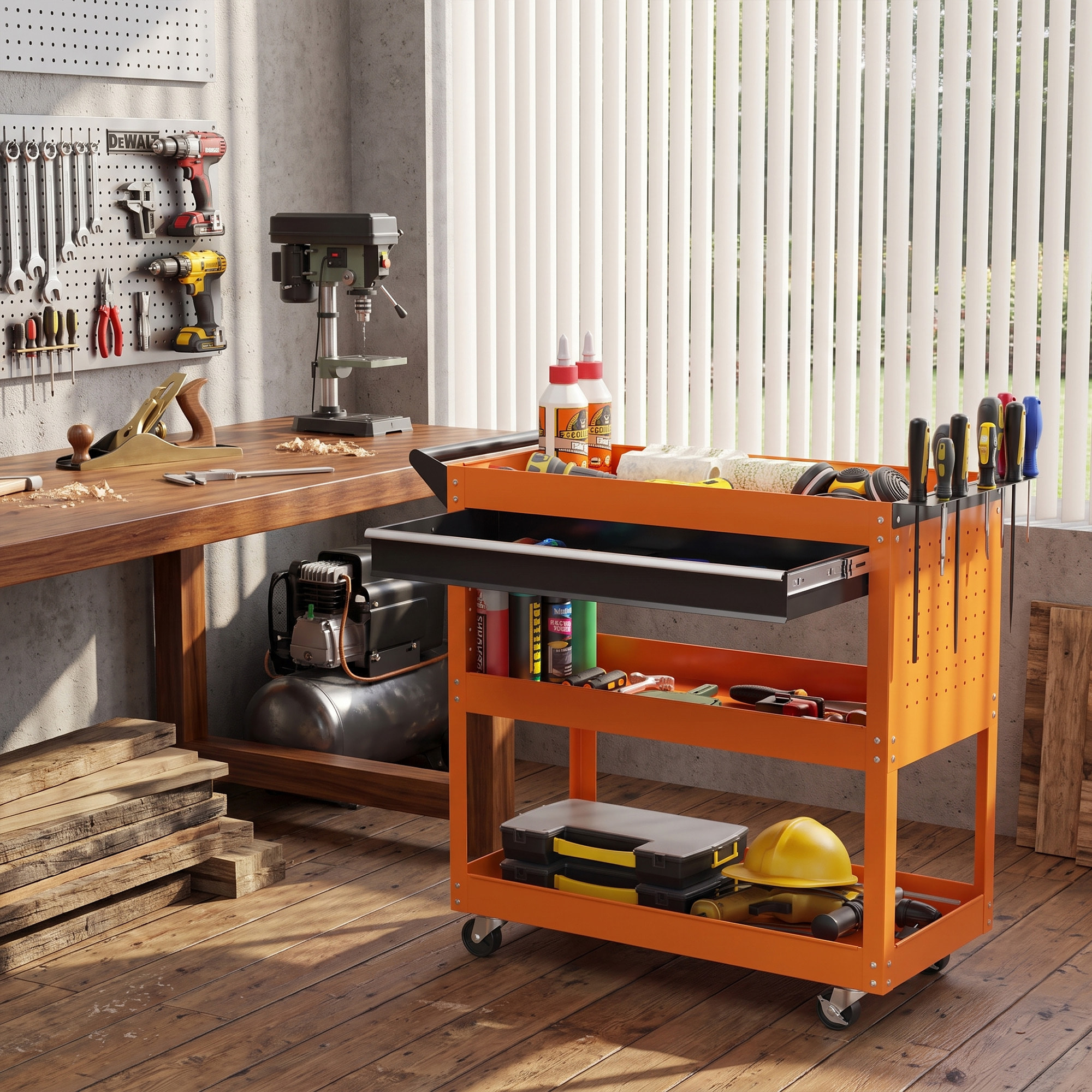 Servante d'atelier chariot à outils 2 étagères plateau grand tiroir tablette à outils acier orange