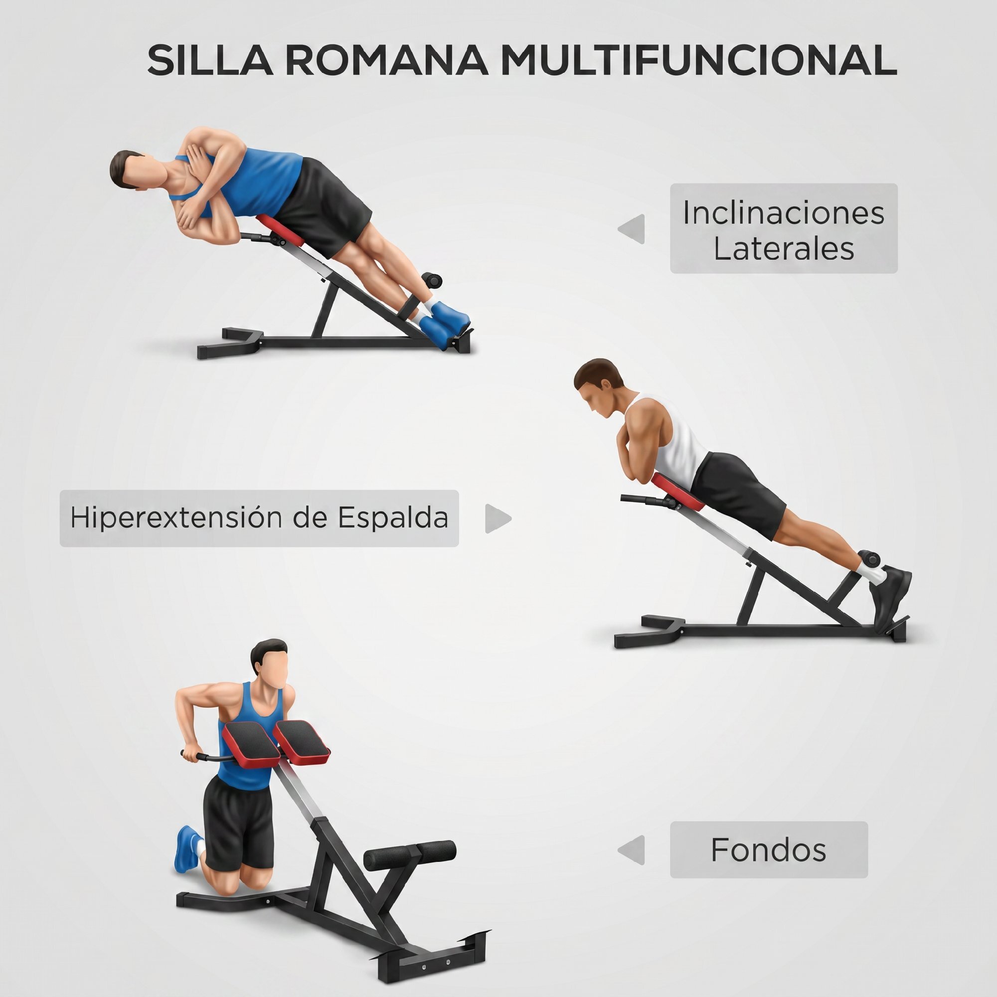 SPORTNOW Silla Romana Ajustable, Banco para Hiperextensiones Multifuncional, Altura y Respaldo Regulables, Carga 120 kg, Multifunción para Entrenamiento de Abdominales y Espalda en Casa