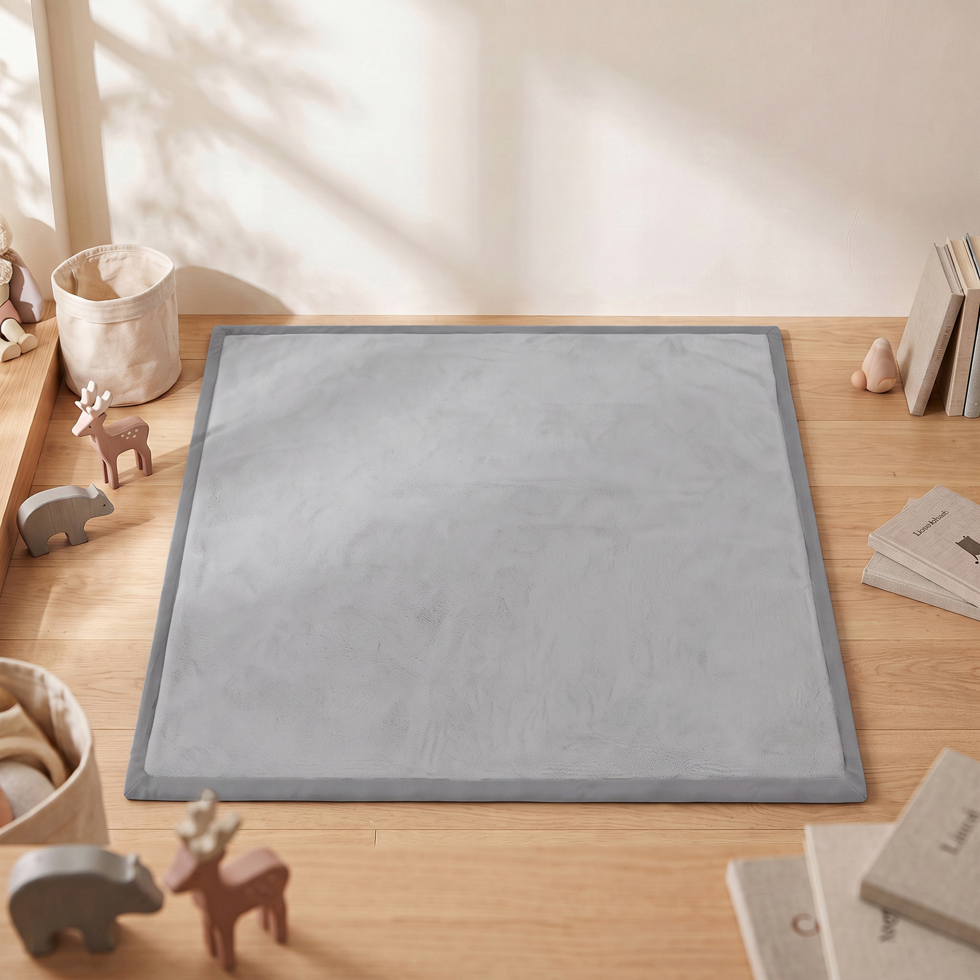 AIYAPLAY Alfombra Bebés Acolchada, 127x127 cm, Espuma de 3 cm, Colchoneta de Juegos, Franela Suave, Antideslizante, Resistente al Agua y Fácil de Limpiar, Gris Claro