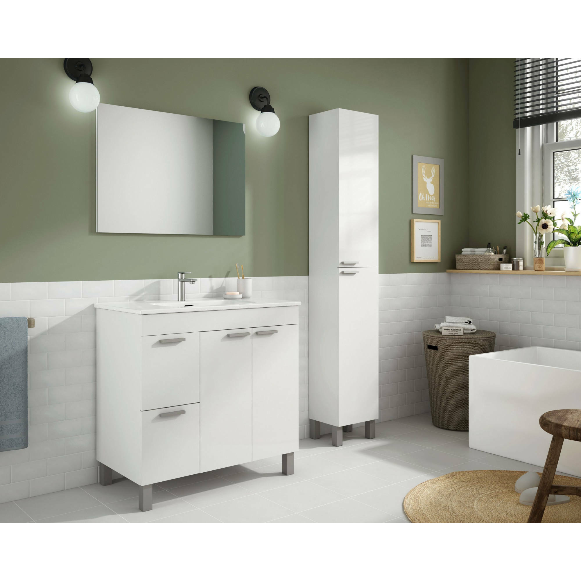 Mobile sottolavabo Aracth, Mobiletto per bagno, Armadio a 2 ante e due cassetti con specchio, lavabo non incluso, 80x45h80 cm, Bianco lucido