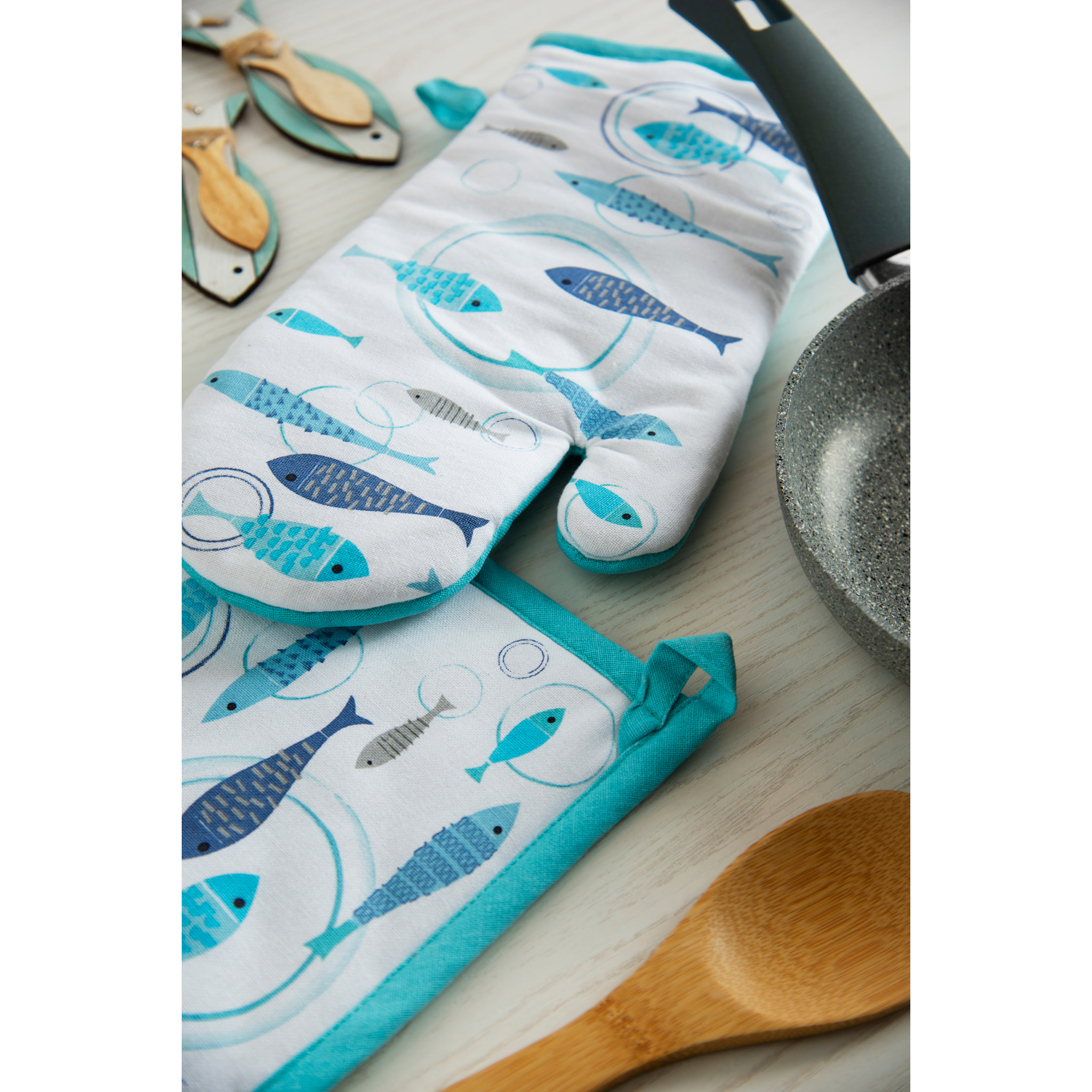 Set Torchon, Manique et Gant de Cuisine Excelsa – North Sea, Coton Multicolore