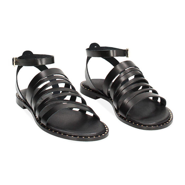 Sandalo nero in pelle con braccialetto