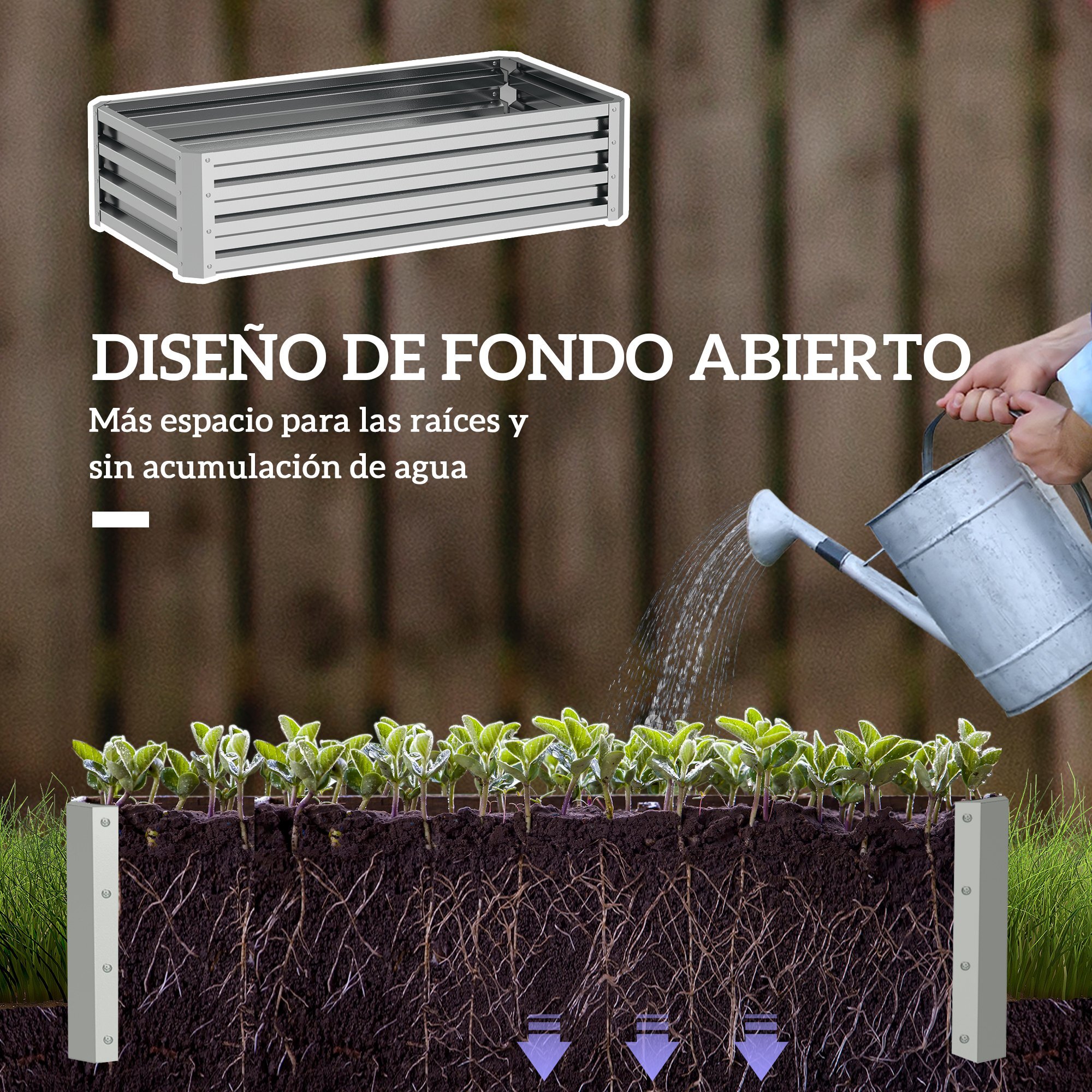 Jardinera Exterior Grande de Acero Galvanizado, Huerto Urbano Elevado para Cultivar Plantas, Flores, Hierba, Macetero Exterior Rectangular con Fondo Abierto, 120x60x30,5 cm, Plata