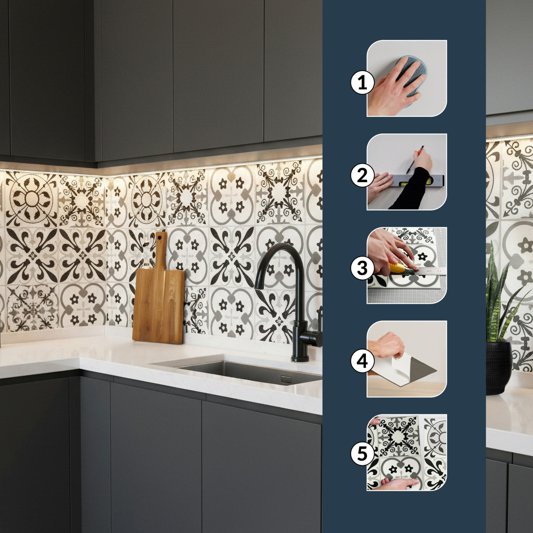 Crédence adhésive murale 3D motifs carreaux de ciment 4 pièces - Blanc