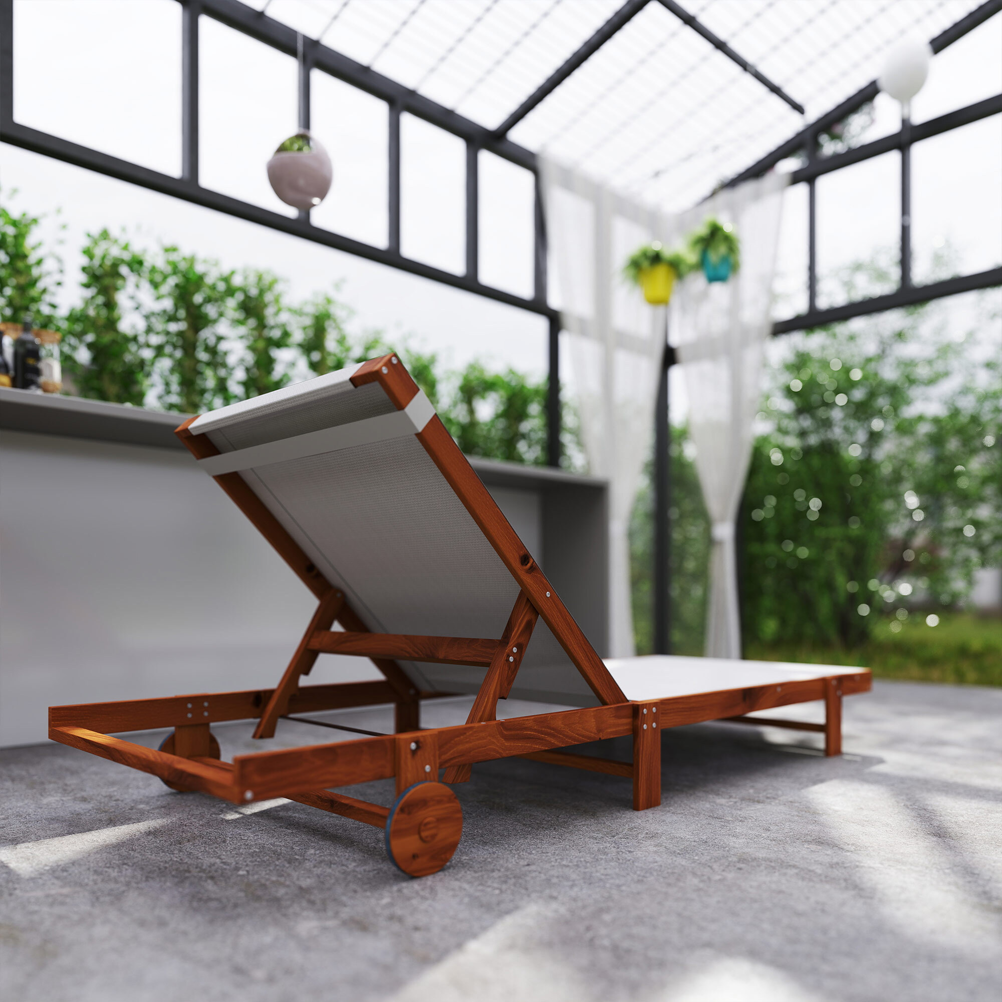 Tumbona Reclinable de Madera con Ruedas Tumbona Jardín Exterior con Respaldo Ajustable en 4 Niveles y Reposacabezas Carga 120 kg para Patio Terraza Balcón 200x84x101 cm Blanca y Teca
