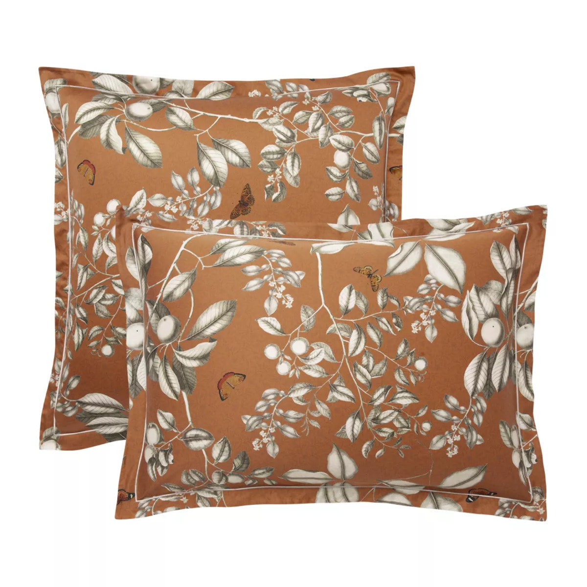 Taie d'oreiller satin de coton imprimé orange Fleurs d'oranger rouille