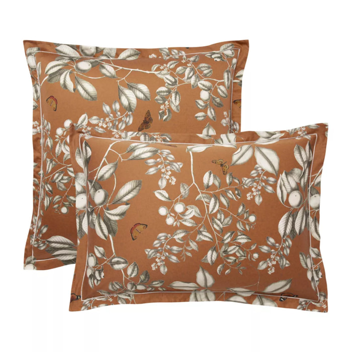 Taie d'oreiller satin de coton imprimé orange Fleurs d'oranger rouille