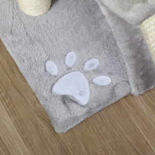 Arbre à chat design - griffoir, grattoir - jeu 2 boules rotatif, panier, tunnel - sisal peluche grise