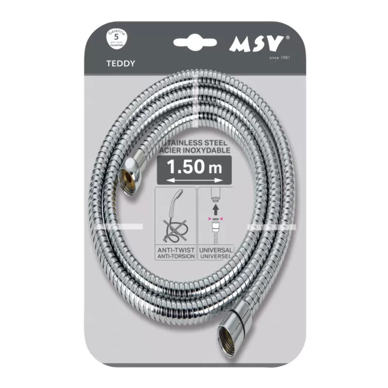 Flexible de douche MSV Teddy 1,50 m Ø14 mm – Double verrouillage anti-torsion – Chrome