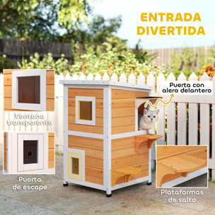 Caseta para Gatos de Madera Exterior, Casa para Gatos de 2 Niveles con Techo Abatible, Panel Central Extraíble, Ventanas, Puertas, para Terraza, Balcón, Jardín, 51x51x81,3 cm, Natural y Blanco
