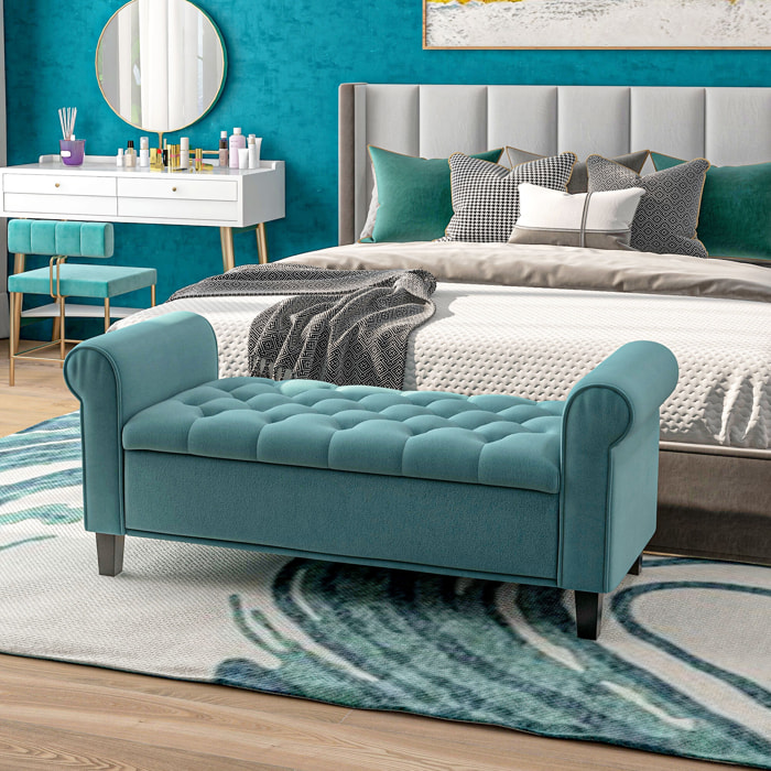 Banc coffre banquette coffre de rangement velours dim. 126 x 48,5 x 57 cm piètement bois hévéa noir turquoise