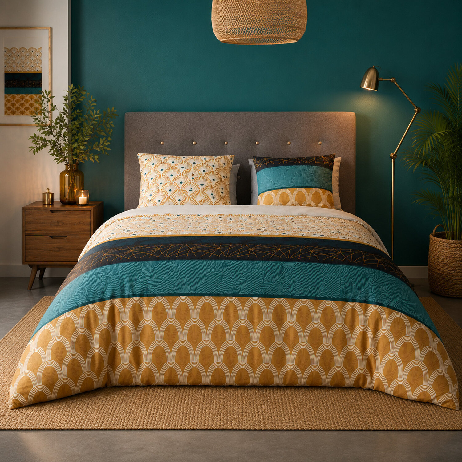 Parure housse de couette imprimé 100% coton - banguii - ocre