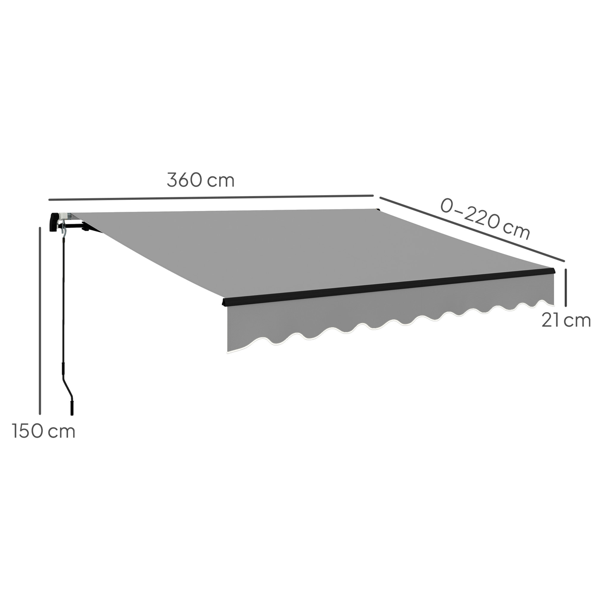 Toldo Manual Retráctil 360x220 cm Toldo para Balcón con Manivela de Aluminio 3 Brazos y Protección UV30+ Toldo Enrollable de Exterior para Jardín Terraza Ventanas Gris