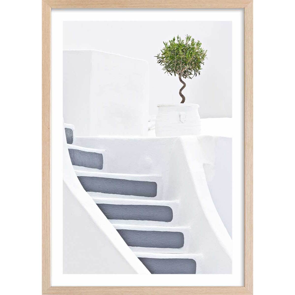 Poster escalier blanc paros Affiche + cadre en bois - Chêne