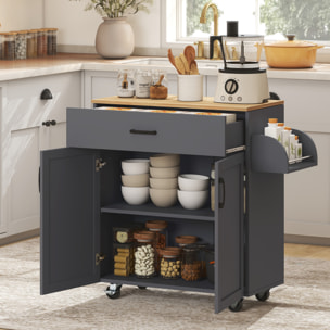 Isla de Cocina con Ruedas, Carrito de Cocina con Cajón, 2 Puertas, Toallero y Especiero, Estante Ajustable, para Comedor, 105x36x85 cm, Gris