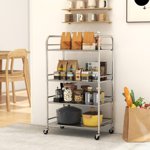 Carrito Auxiliar con Ruedas de Acero Inoxidable, Carro de Servicio de 4 Niveles con Estantes Ajustables, 4 Ruedas, Carrito para Cocina, Restaurante, 60x35x100 cm, Plata
