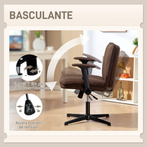 Silla de Oficina Piernas Cruzadas, Silla de Escritorio con Reposabrazos Abatible, Asiento Ancho, sin Ruedas, Altura Ajustable, Giratoria, Función Basculante, Tapizada en Lino, Marrón