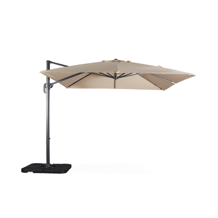 Parasol déporté carré beige 3x3m structure grise + Lot de 4 dalles à lester 50x50cm