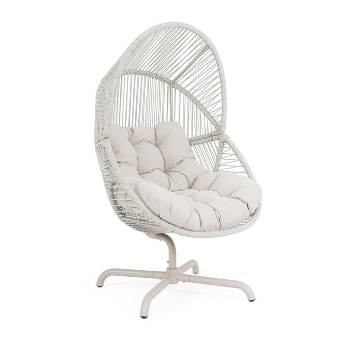 Poltrona girevole da giardino TARIFA con intreccio in fibra sintetica, base beige chiaro e cuscino