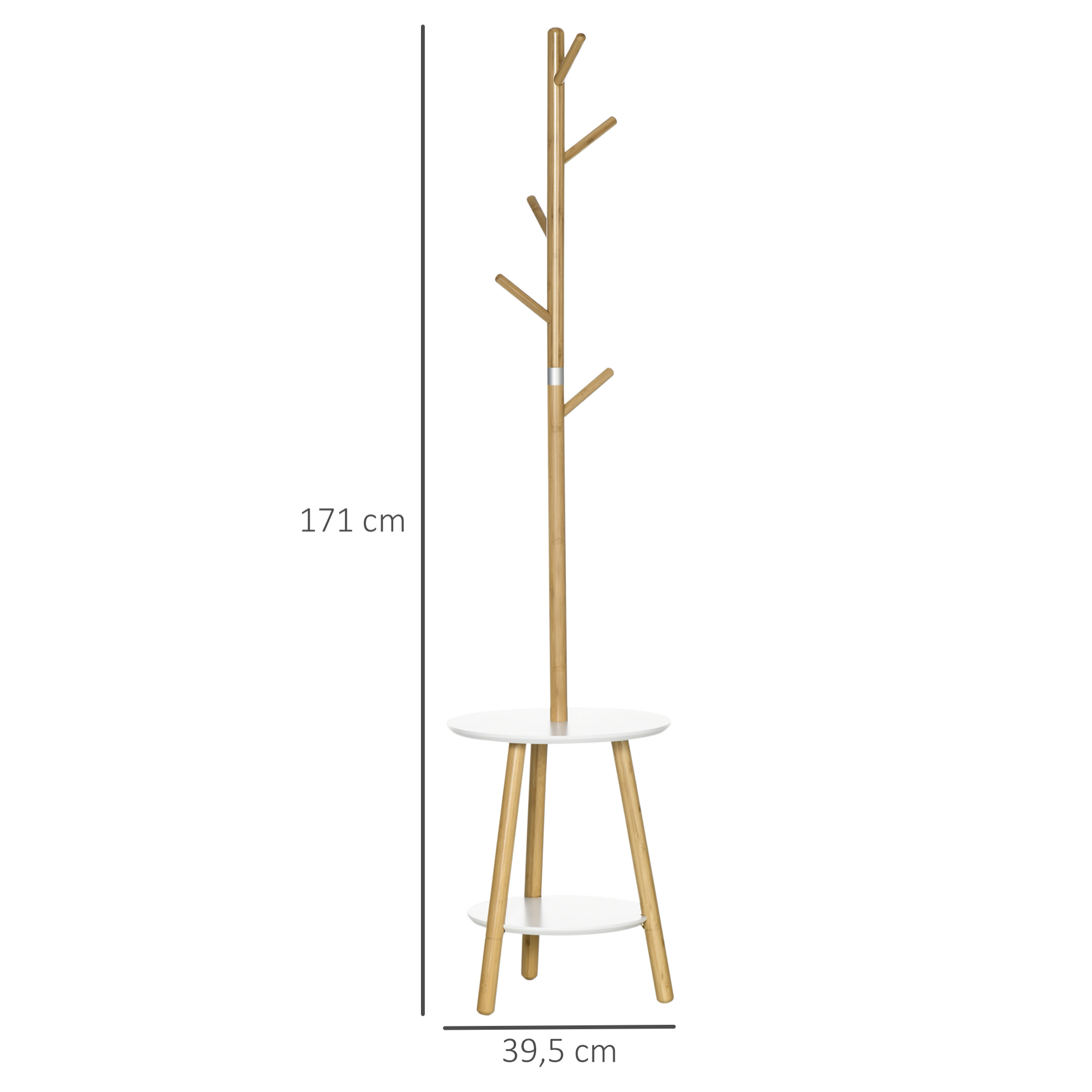 HOMCOM 2 en 1 Perchero de Pie de Bambú Perchero Árbol de Pasillo con 2 Estantes 5 Ganchos para Ropas Bolsas y Marco de Aluminio para Entrada Dormitorio 39,5x39,5x171 cm Natural