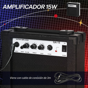 Kit Guitarra Eléctrica de Iniciación, Guitarra Eléctrica con Amplificador de 15W, Afinador Digital, Cuerdas, Correa, 3 Púas y Funda de Transporte, para Adultos, Adolescentes, Negro