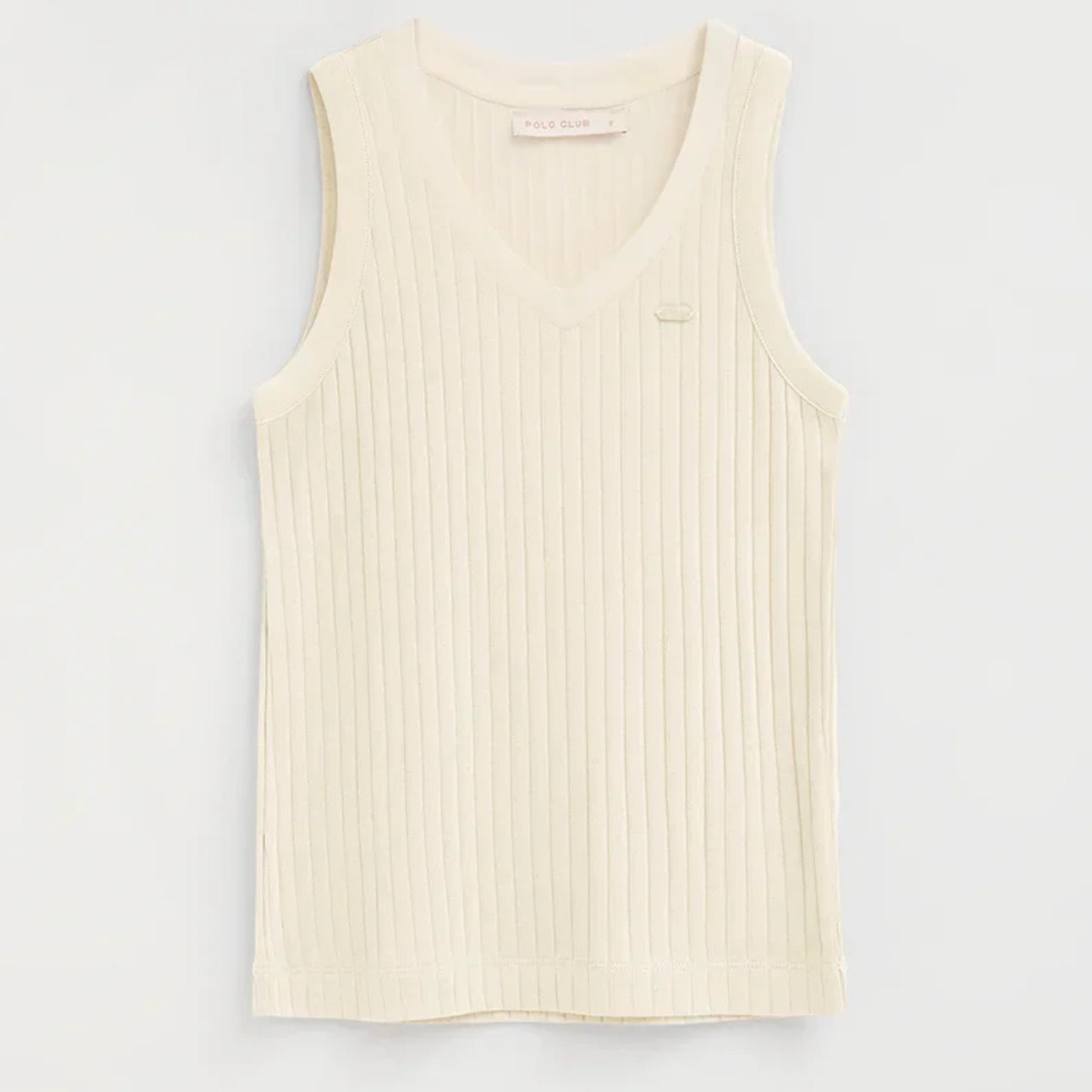 Canotta ecrù a coste con scollo a V e logo Polo Club
