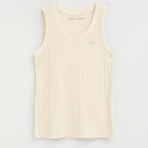 Canotta ecrù a coste con scollo a V e logo Polo Club