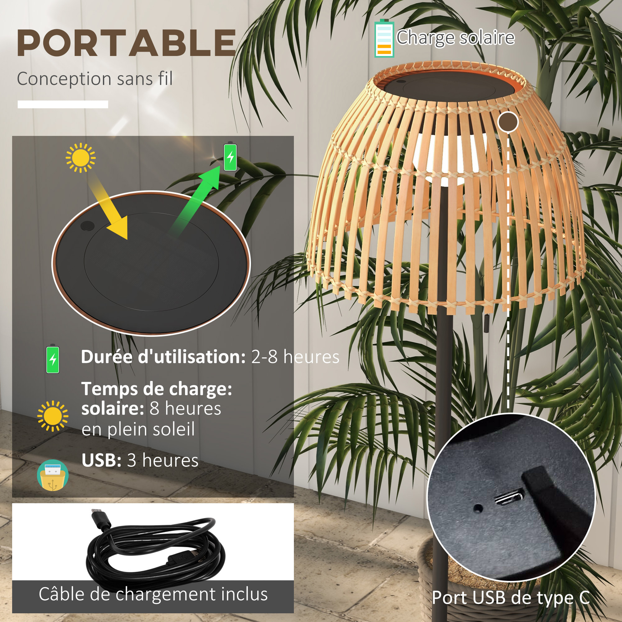 Lampadaire extérieur solaire LED sans fil rechargeable USB réglable alu noir bambou