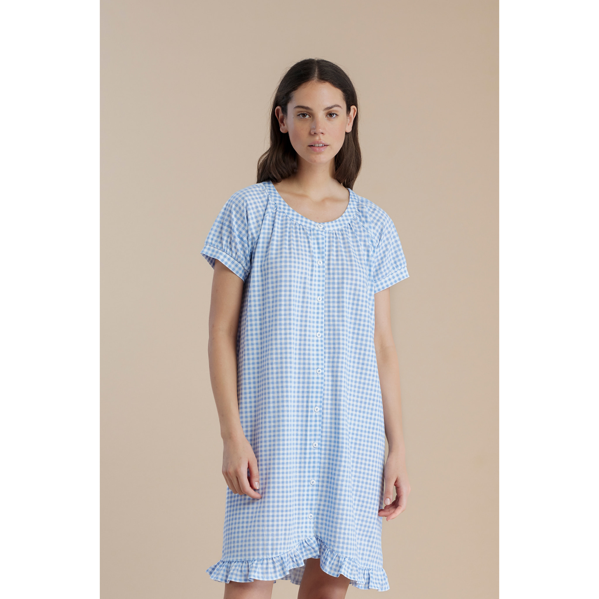 Camicia da notte donna in cotone con manica corta e abbottonatura centrale articolo stampa vichy Noidinotte