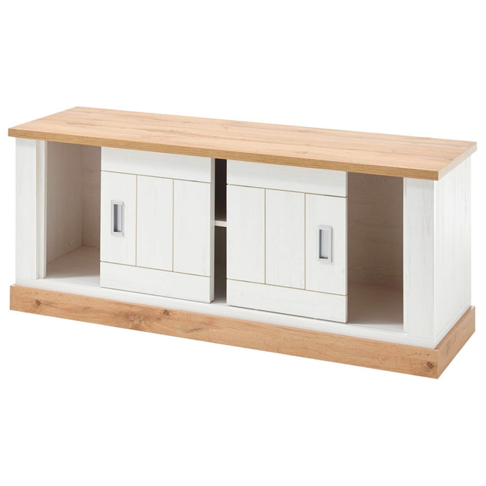 Mobile Porta TV 2 Ante Scorrevoli Con Vano A Giorno Con 2 Scomparti Interni Design Moderno Salvaspazio 145 x 46 x 60 Cm Colore Bianco E Rovere