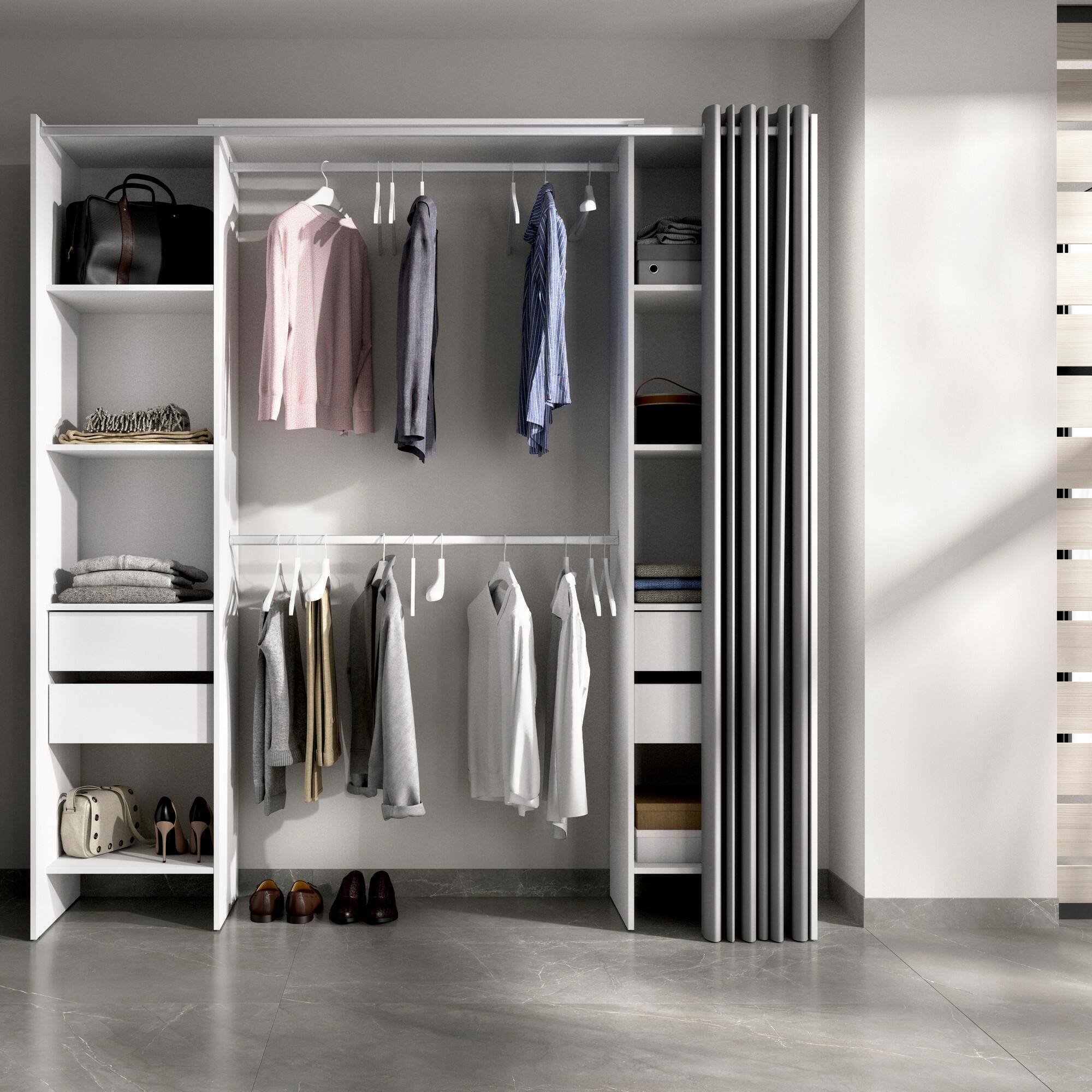 Guardaroba grande Era, Struttura per cabina armadio, Mobile appendiabiti aperto, 180x50h205 cm, Bianco e Grigio