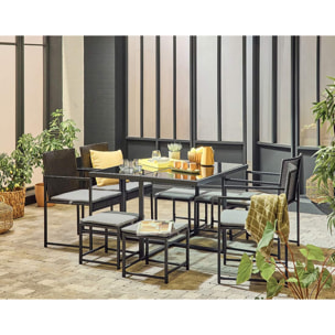 Olaria - ensemble table et chaises de jardin en acier noir - 8 places - coussins gris - Noir / Gris
