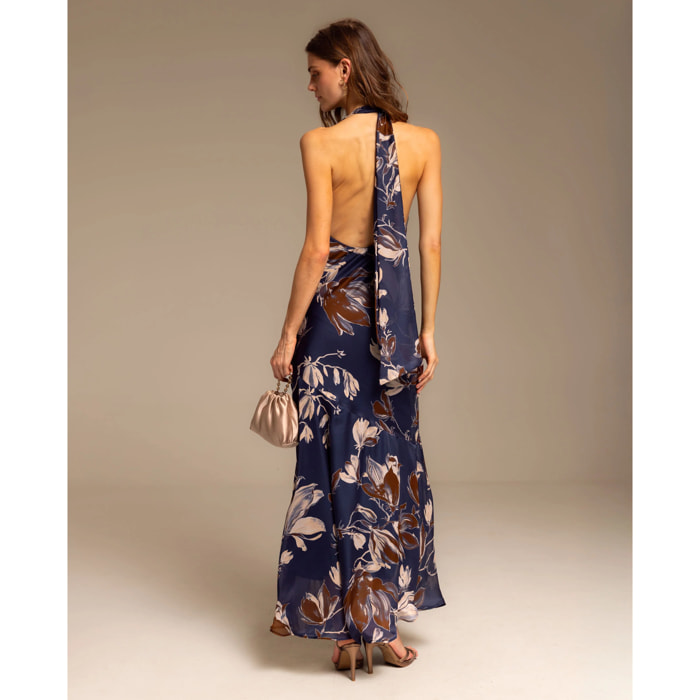Vestido Largo Floral con Escote Halter Drapeado