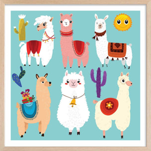 Affiche enfant lamas cartoon alpaga Affiche + cadre en bois - Chêne