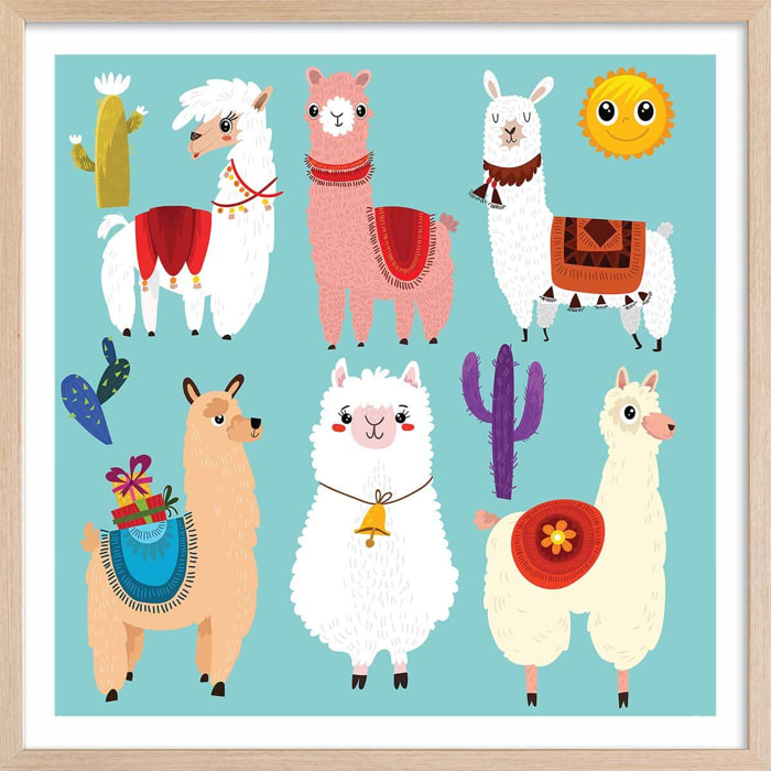 Affiche enfant lamas cartoon alpaga Affiche + cadre en bois - Chêne