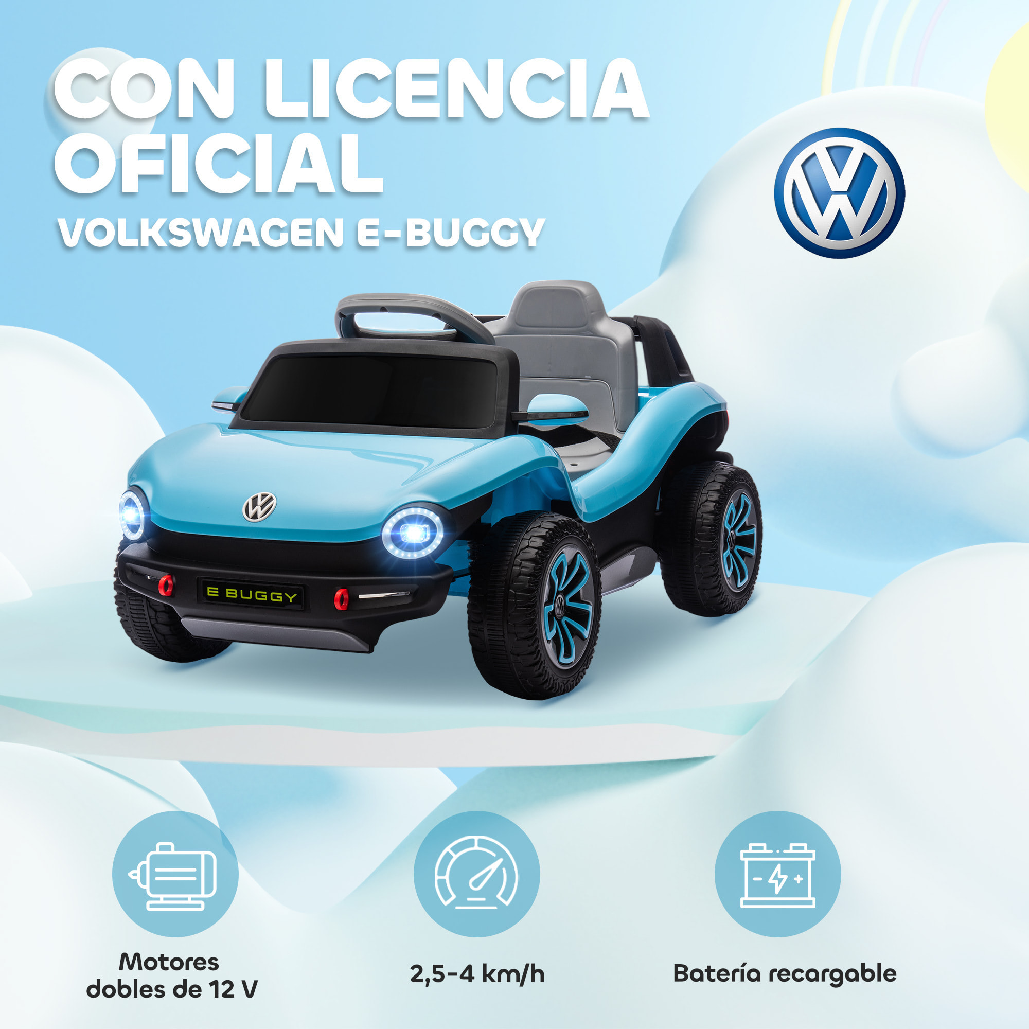 Coche Eléctrico para Niños de +3 Años, Volkswagen E-Buggy, Coche de Batería 12V, con Mando a Distancia 2,4 G, Ruedas con Suspensión, Faros LED, Música, USB, Motor Doble, Azul