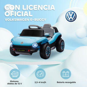 Coche Eléctrico para Niños de +3 Años, Volkswagen E-Buggy, Coche de Batería 12V, con Mando a Distancia 2,4 G, Ruedas con Suspensión, Faros LED, Música, USB, Motor Doble, Azul