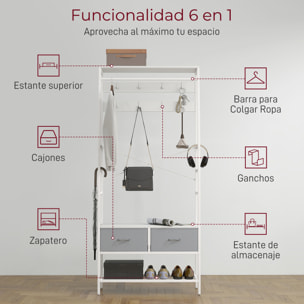 Perchero Zapatero Perchero Entrada Recibidor con Zapatero 8 Ganchos 2 Cajones de Tela Barra Estante de Malla Estilo Industrial para Pasillo Dormitorio Salón 80x30x180,5 cm Blanco