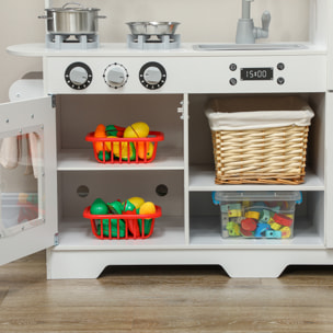 Cocina de Juguete para Niños +3 Años Cocina de Madera Infantil Cocinita Infantil con Fogón Grifo Fregadero Microondas Reloj Máquina de Hielo y Accesorios de Cocina Blanco