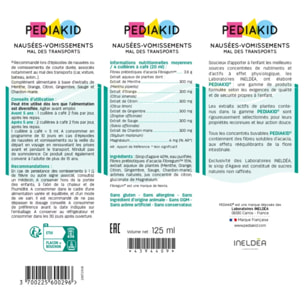 PEDIAKID - Sirop Nausées-Vomissements Mal des Transports - Complément alimentaire à base de plantes - Confort digestif - Contre les nausées & vomissements - Goût citron - Flacon 125 ml