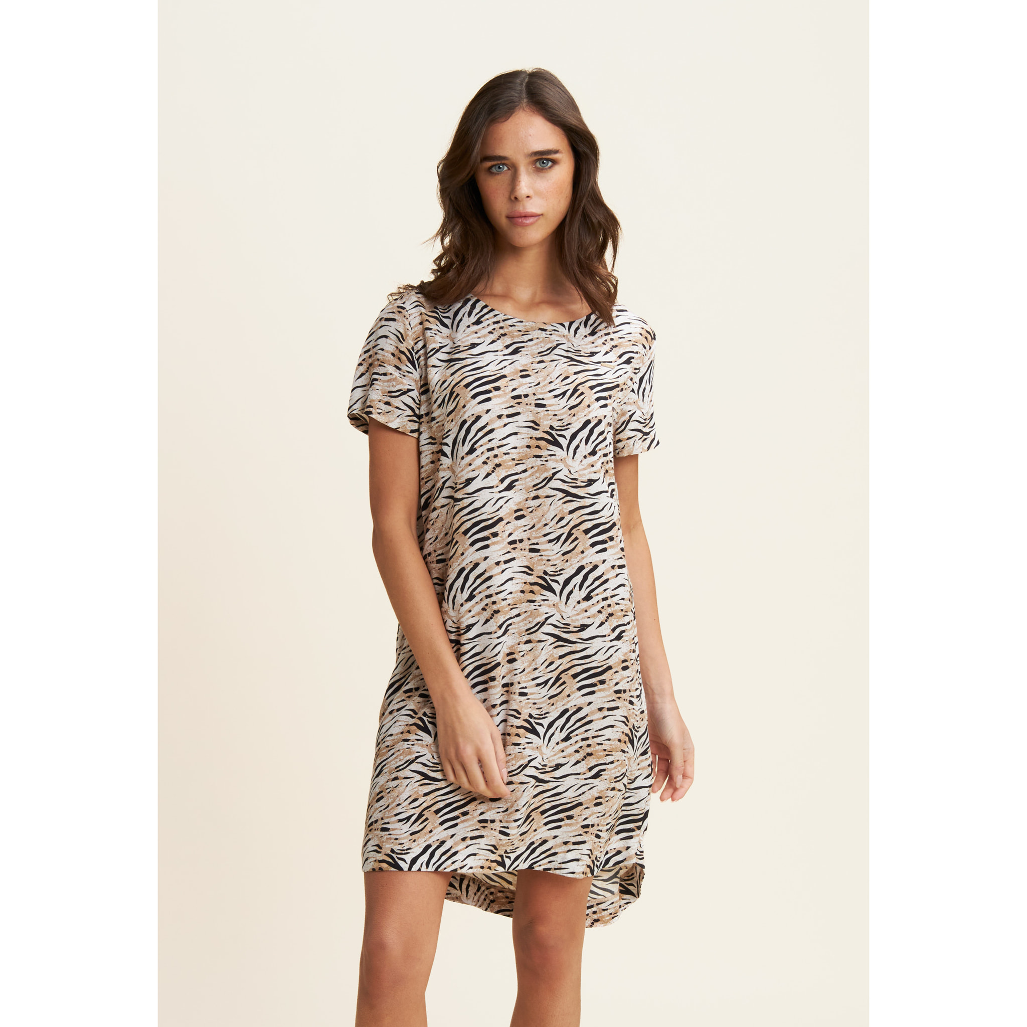 Vestito midi in viscosa animalier con maniche corte