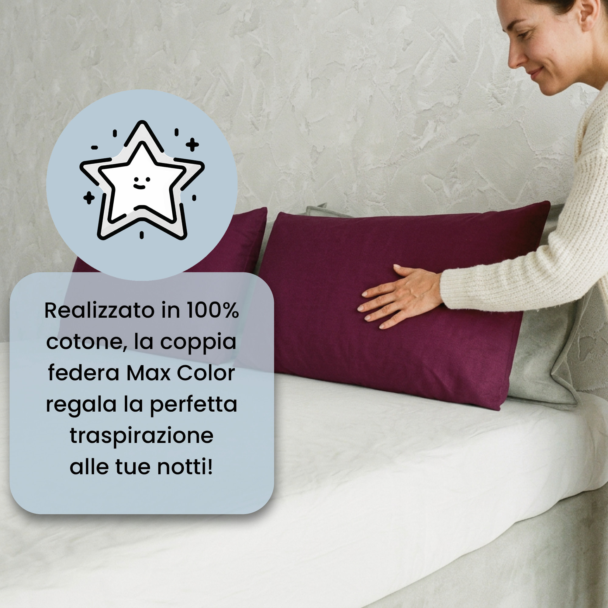 COPPIA FEDERE MAX COLOR, 100% Cotone, Made in Italy - PRUGNA