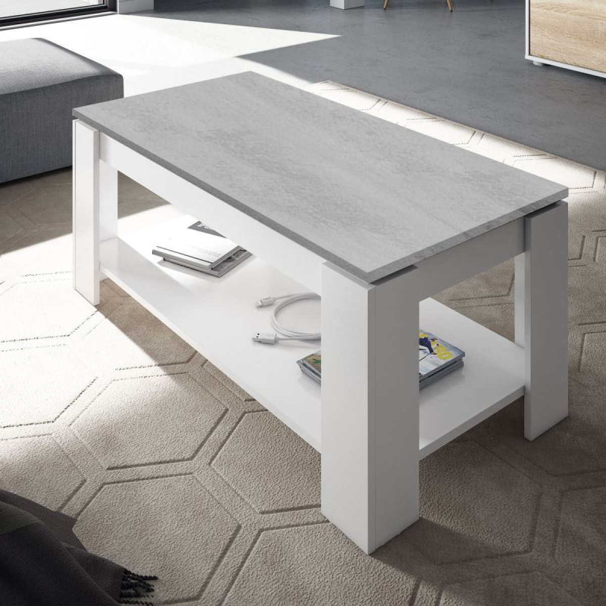 Mesa de centro elevable Ambit Blanco Artik (Blanco Mate) - Gris Cemento