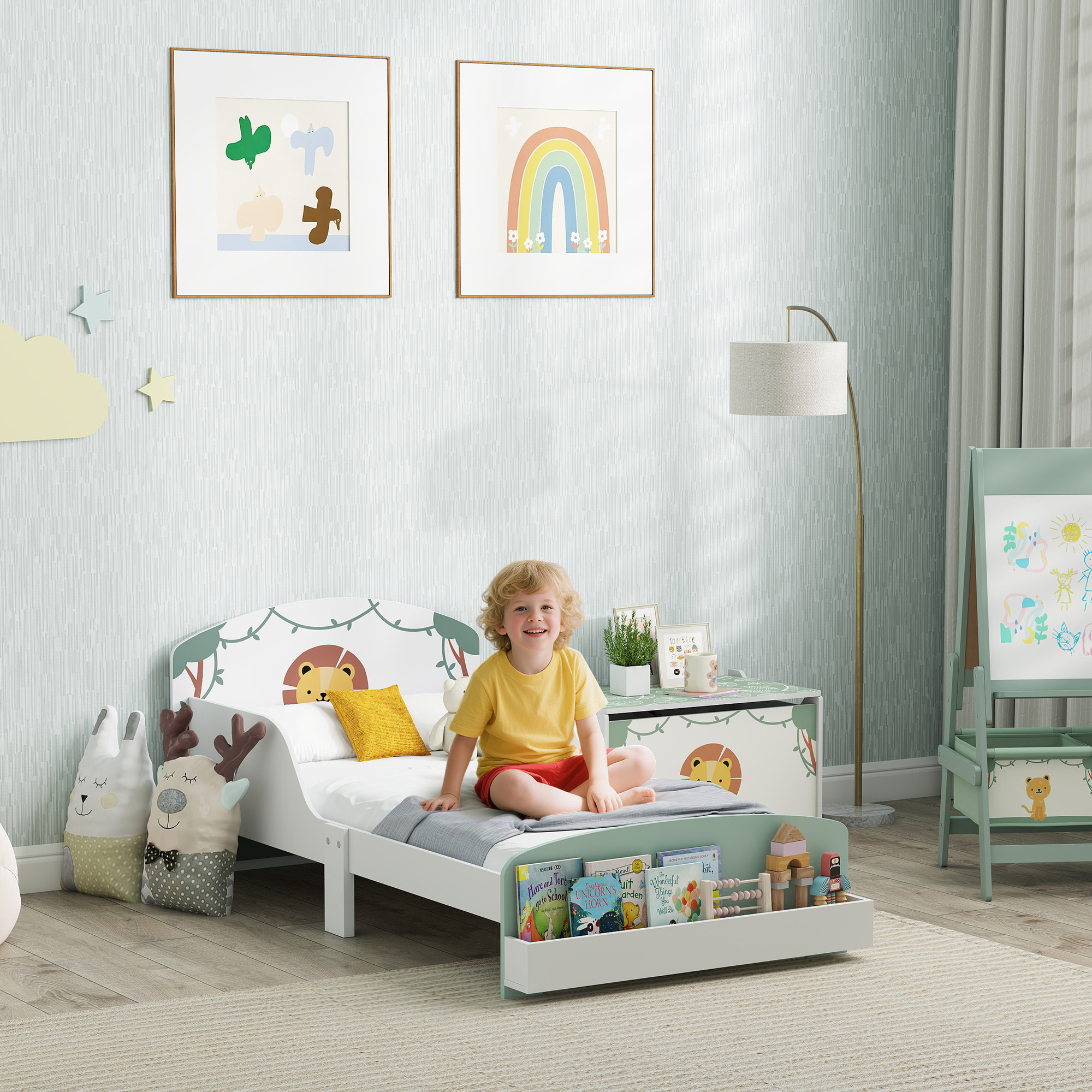 Cama infantil 70x140 cm de Madera con Almacenaje Cama para Niños de +3 Años con Protección Anticaída Cabecero en Dibujo de León Carga 40 kg para Dormitorio Verde