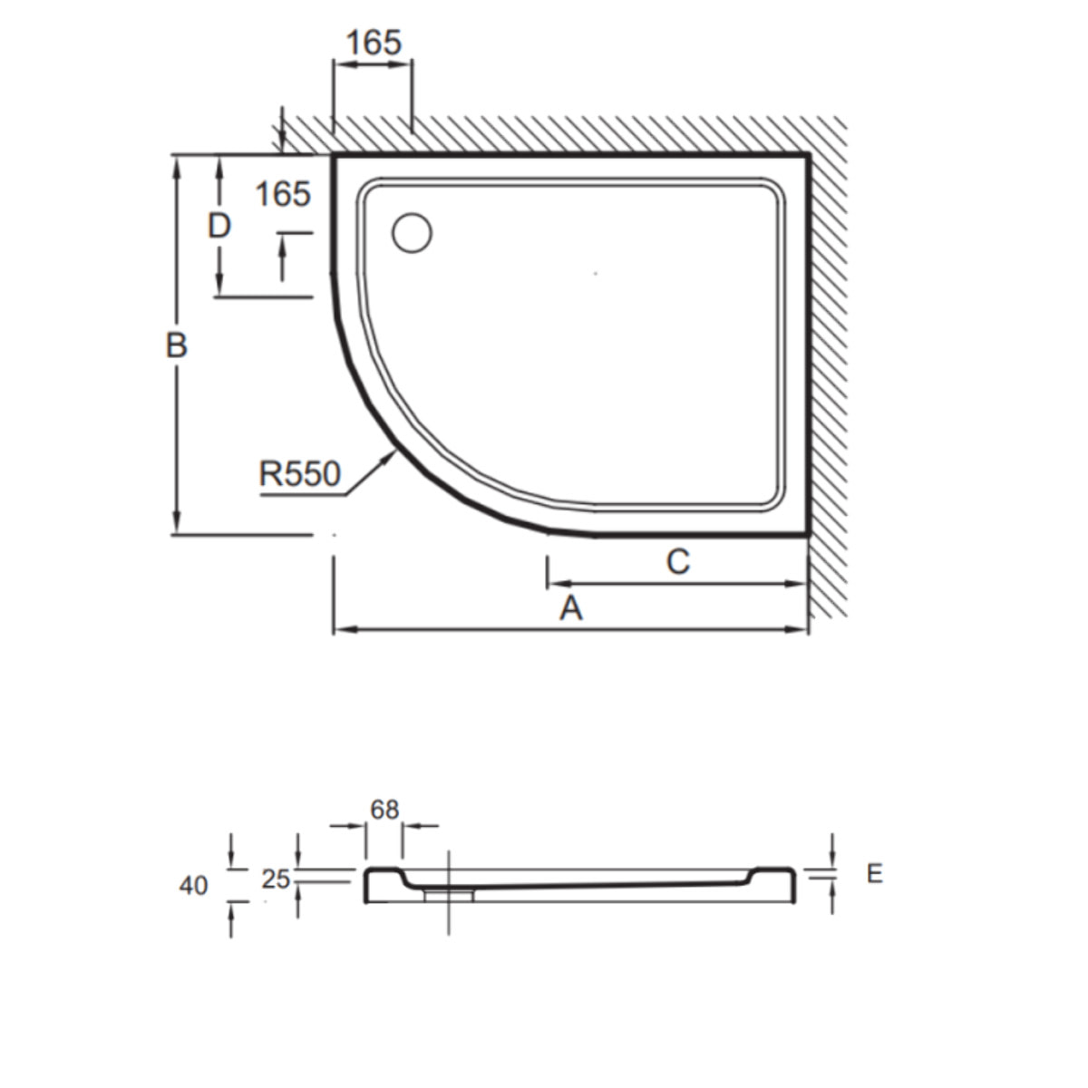 Receveur de douche antidérapant 100 x 80 cm Flight acrylique quart de rond asymétrique